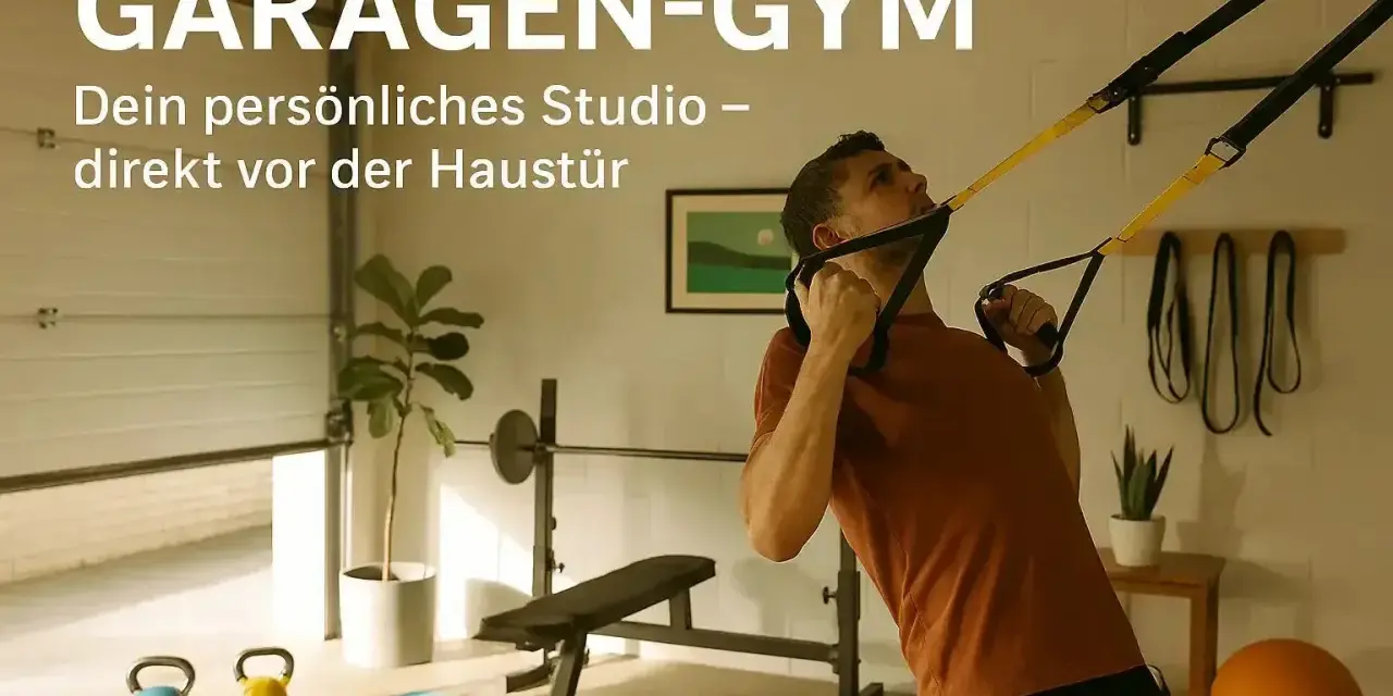 Mann trainiert mit TRX-Bändern in einer Garage, die zu einem Fitnessstudio umfunktioniert wurde. Tolle Garage Gym Ideen für dein Zuhause.