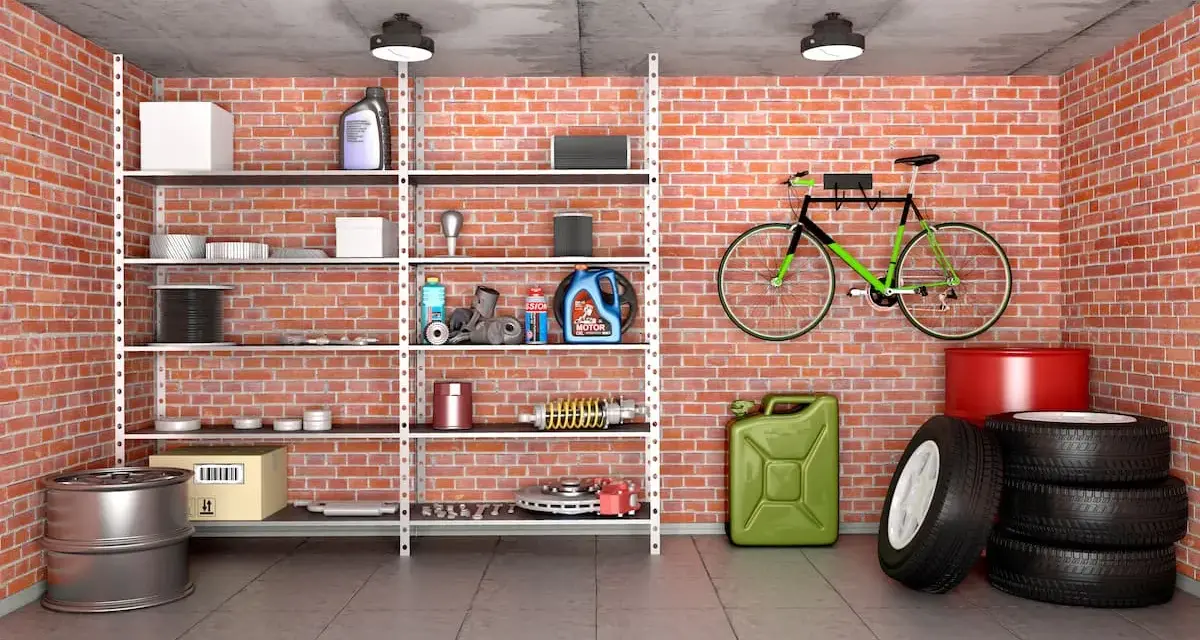 Coole Garagen Ideen: Ordnungssystem mit Regalen, Werkzeug, Ersatzteilen, Kanister, Reifen und einem Fahrrad.