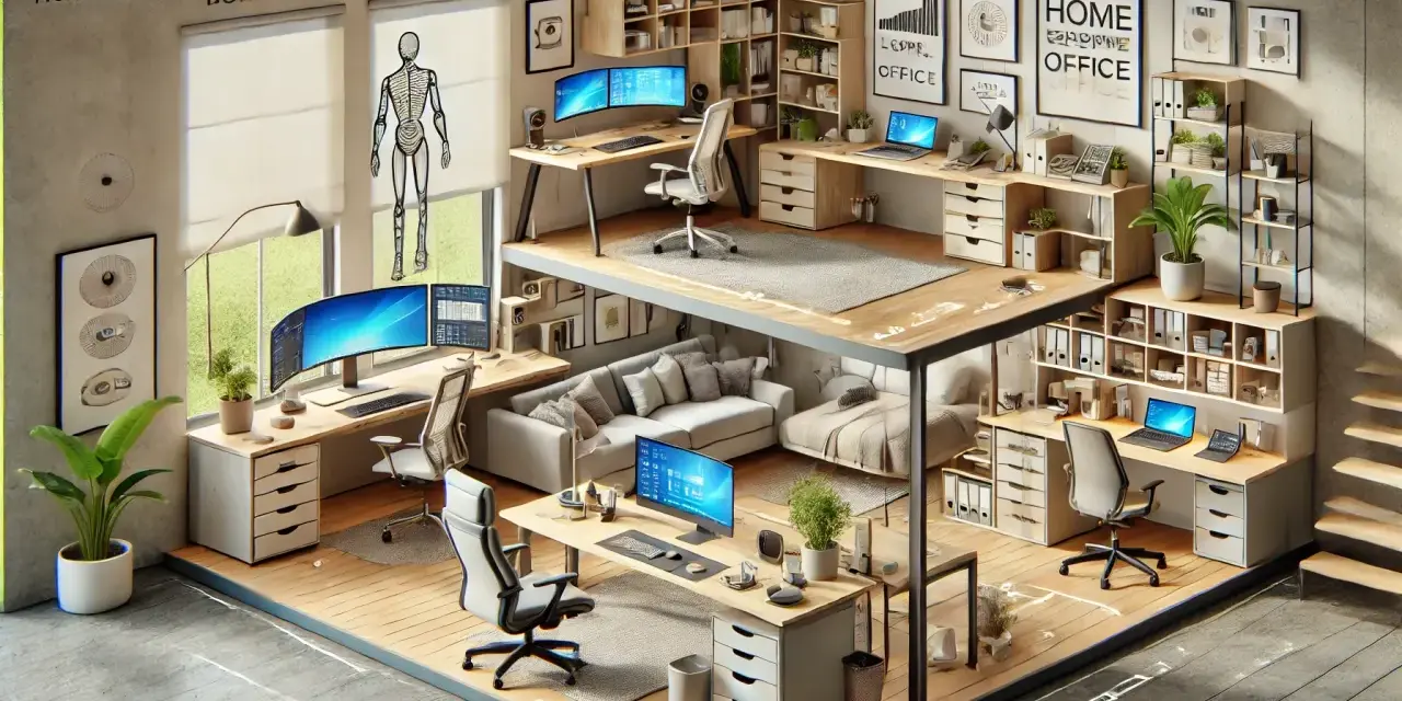 Ein modernes, zweistöckiges Homeoffice einrichten mit mehreren Arbeitsplätzen, gemütlicher Sitzecke und viel Stauraum.