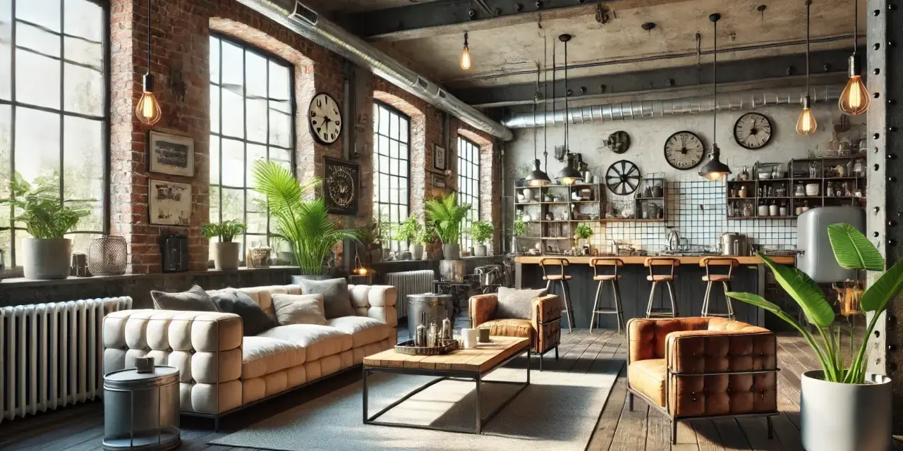 Gemütliches Wohnzimmer im industrial style mit Backsteinwänden, großen Fenstern, bequemen Sofas und einer Küchenzeile.