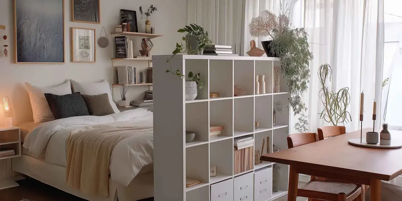 Gemütliche 1 Zimmer Wohnung einrichten 30qm: Bett, Regal als Raumteiler, Esstisch mit Stühlen und Pflanzen.