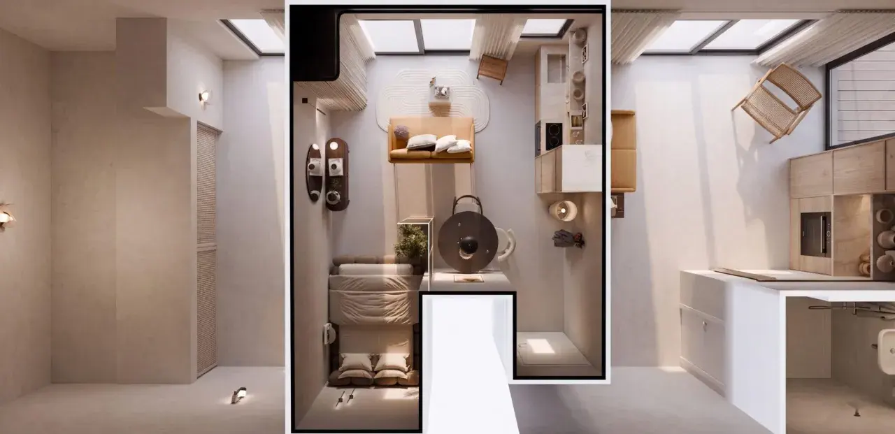 Clever einzimmerwohnung einrichten: Schlafbereich, Küche und Wohnzone sind stilvoll integriert. Minimalistisch und funktional.