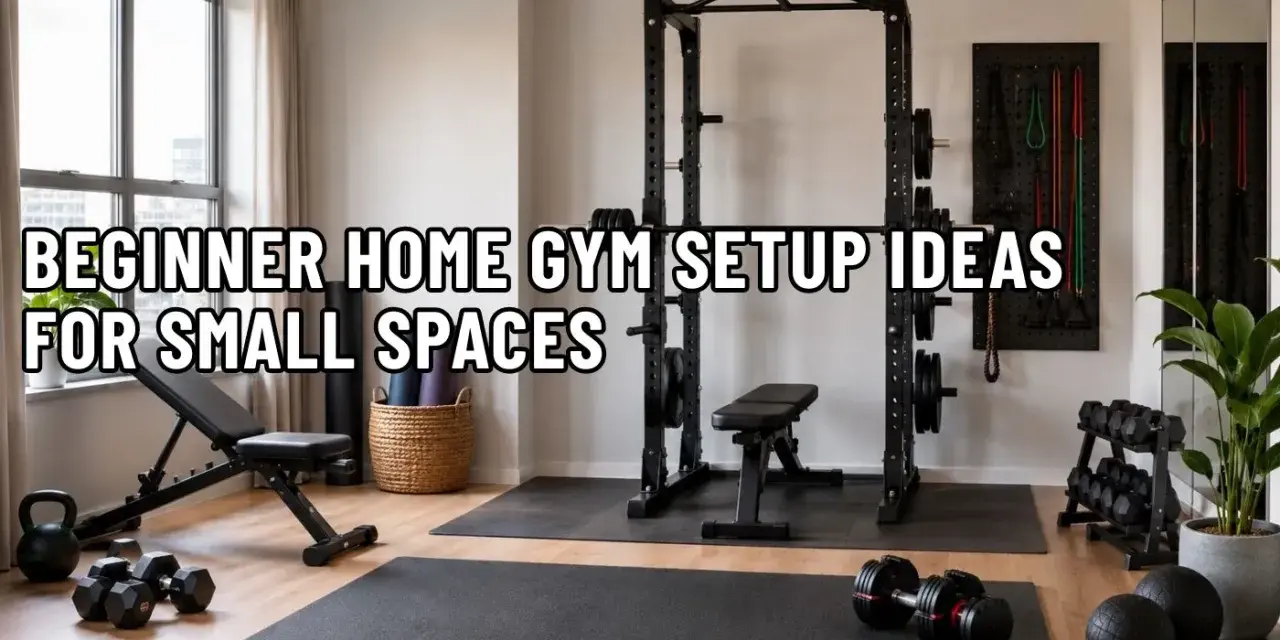 Kleiner Fitnessraum zuhause mit Hanteln, Bank und Power Rack. Perfekt für Anfänger, die Platz sparen wollen.
