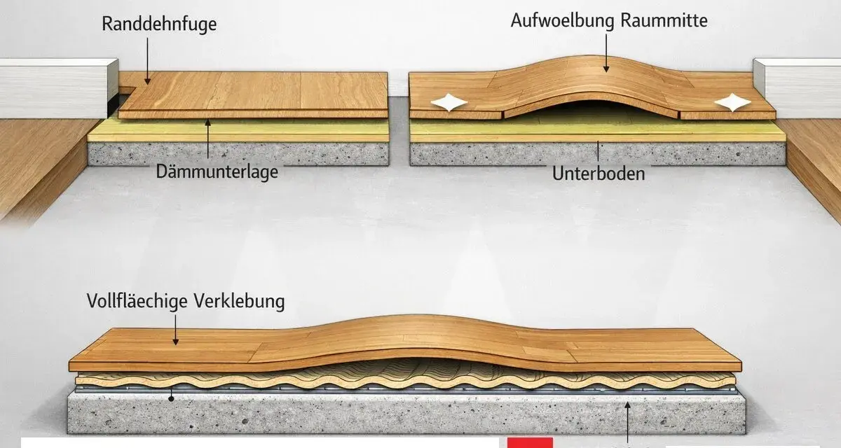Holzboden-Aufbau mit Randfuge, Aufwölbung und vollflächiger Verklebung.