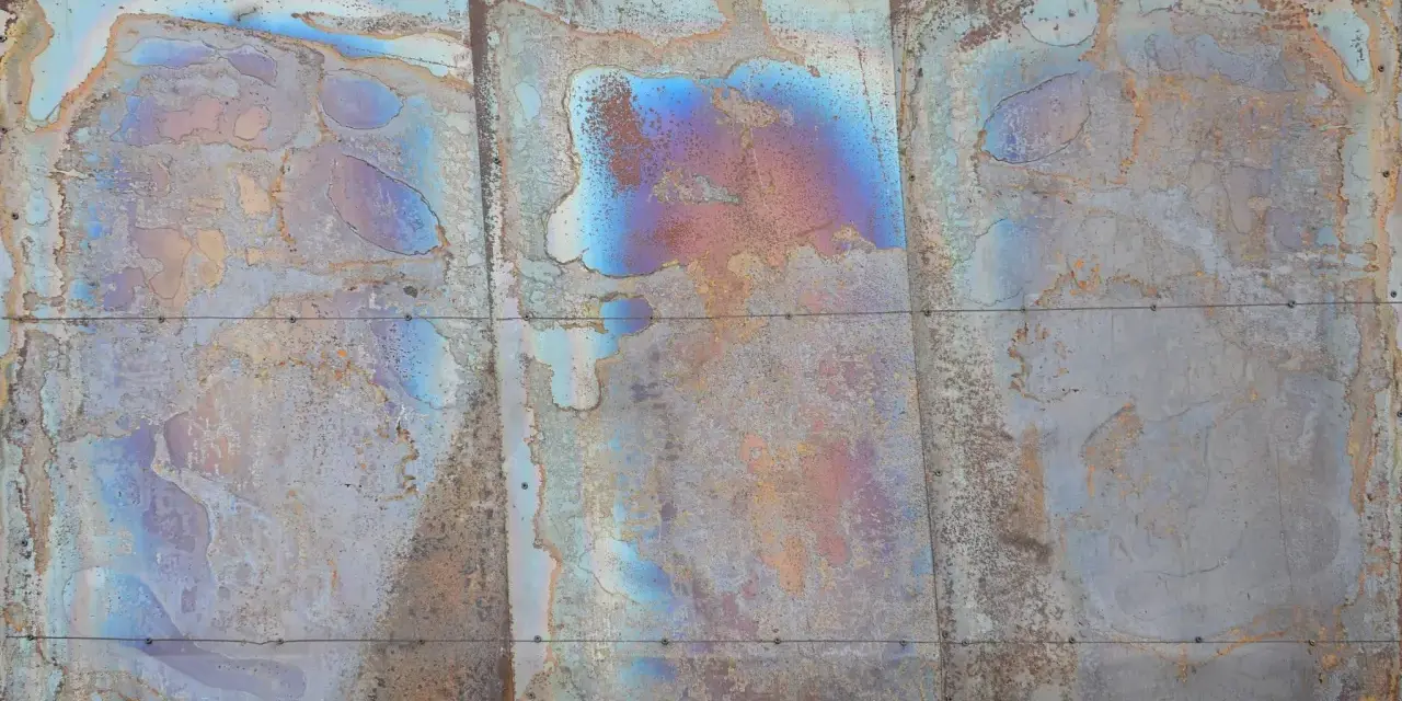 Verwittertes Metall mit schillernden Farben, die die Bedeutung von Patina zeigen. Rostige und blaue Muster erzählen eine Geschichte der Zeit.