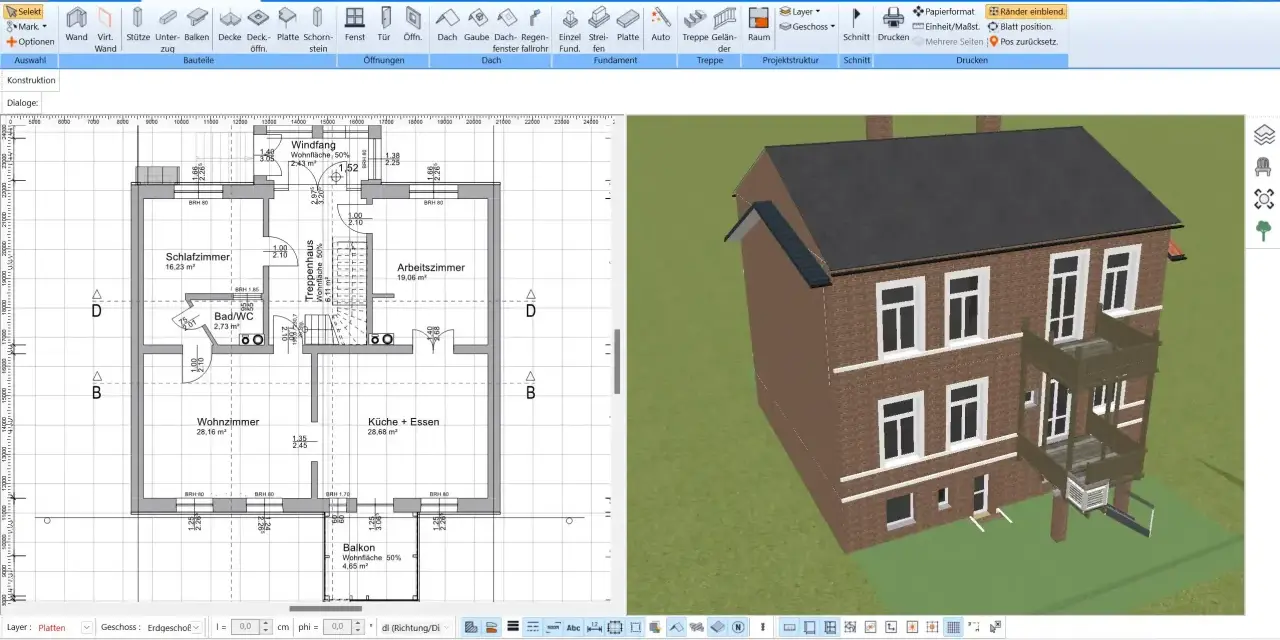 Eine Wohnungsskizze erstellen: Grundriss mit Räumen wie Wohnzimmer, Schlafzimmer, Küche, Bad/WC und Balkon. Daneben die 3D-Ansicht des Hauses.