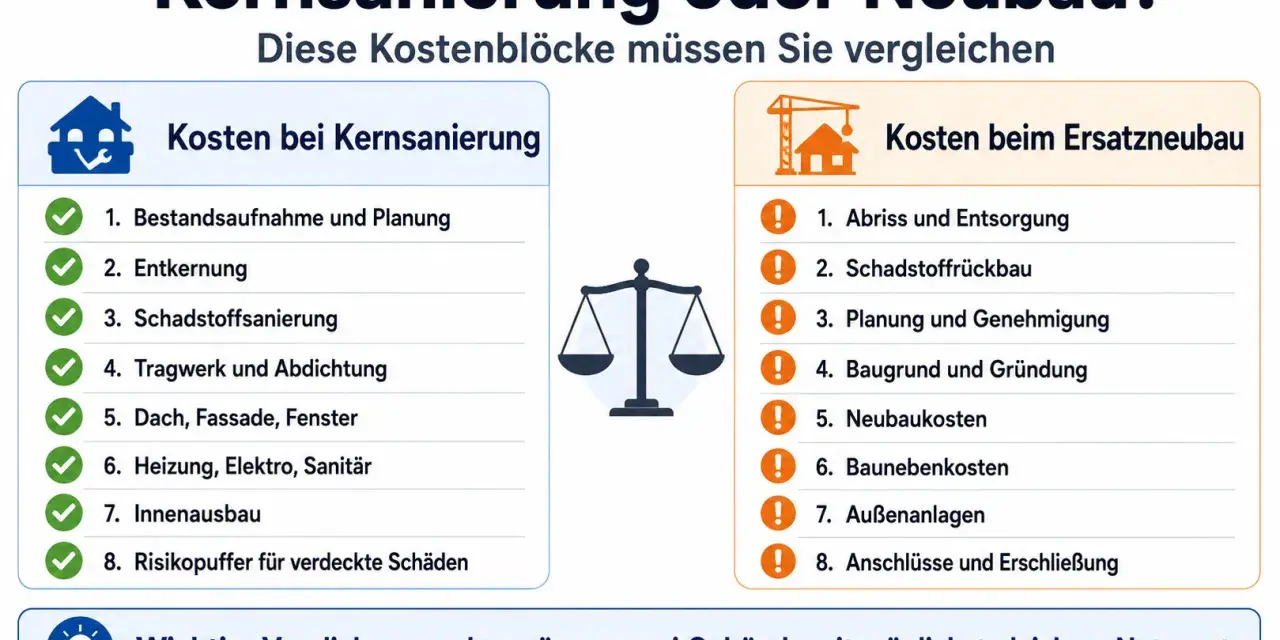 Vergleich von Kostenblöcken bei Kernsanierung (z.B. Planung, Entkernung, Schadstoffsanierung) und Ersatzneubau (Abriss, Neubaukosten).