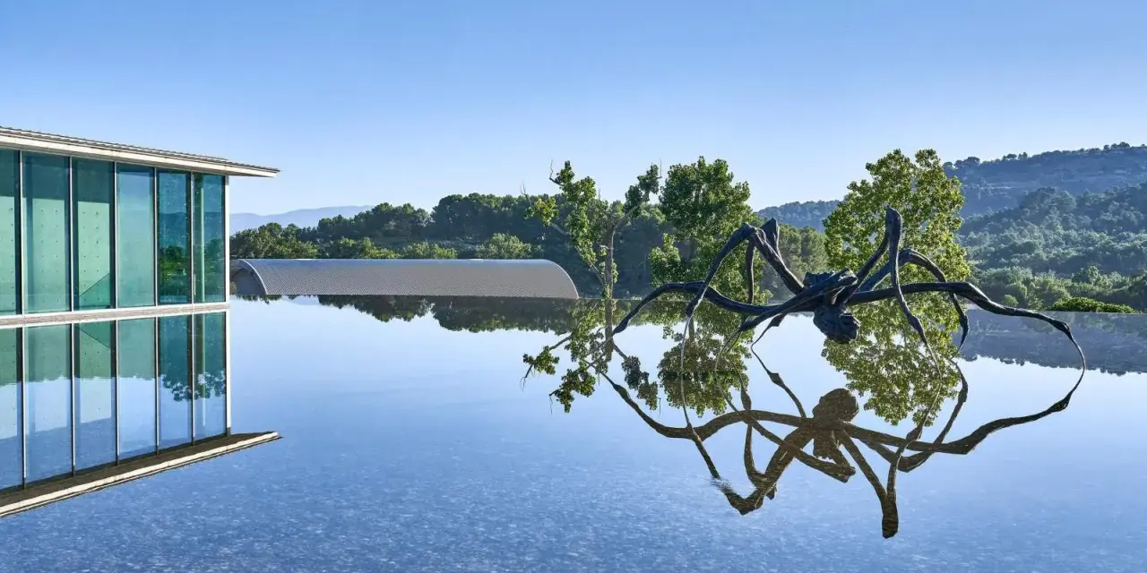 Skulptur einer Spinne spiegelt sich im Wasser vor dem modernen Gebäude des Chateau La Coste.