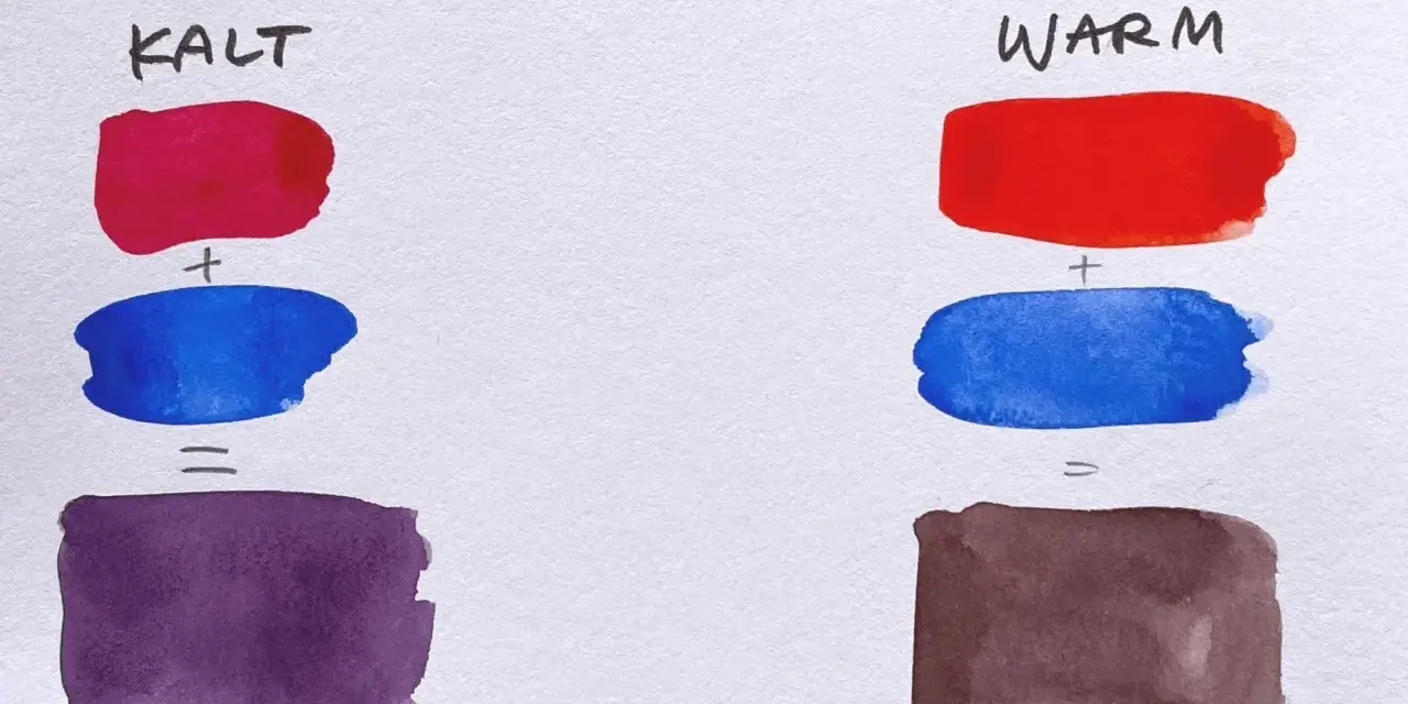 Kaltes Lila mischen: Rot + Blau ergibt ein kräftiges Lila. Warmes Lila mischen: Rot + Blau ergibt ein Braun.