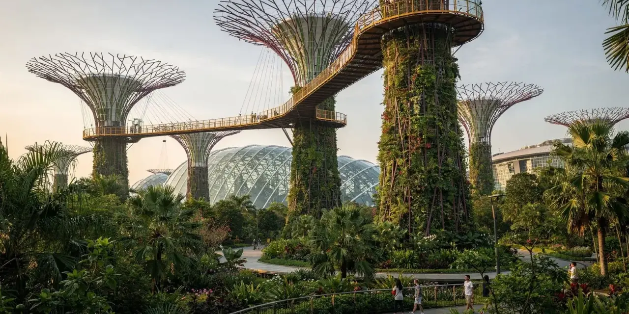 Futuristische Supertrees und Gewächshäuser in den Gardens by the Bay, Singapur, mit Menschen, die auf Wegen spazieren.