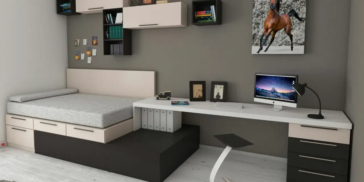 Modernes studentenzimmer einrichten: Bett mit Stauraum, Schreibtisch mit Computer und ein Bild eines galoppierenden Pferdes.