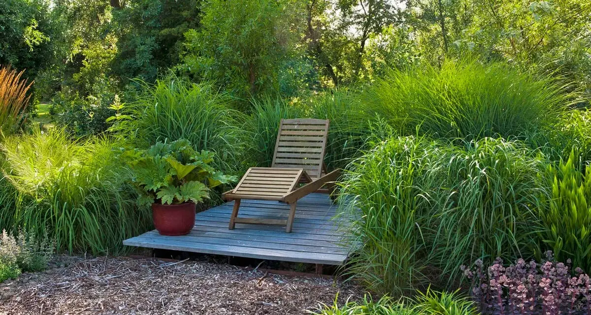 Entspannende Garten-Ideen: Eine Holzliege auf einer kleinen Terrasse inmitten üppiger Gräser und Pflanzen.