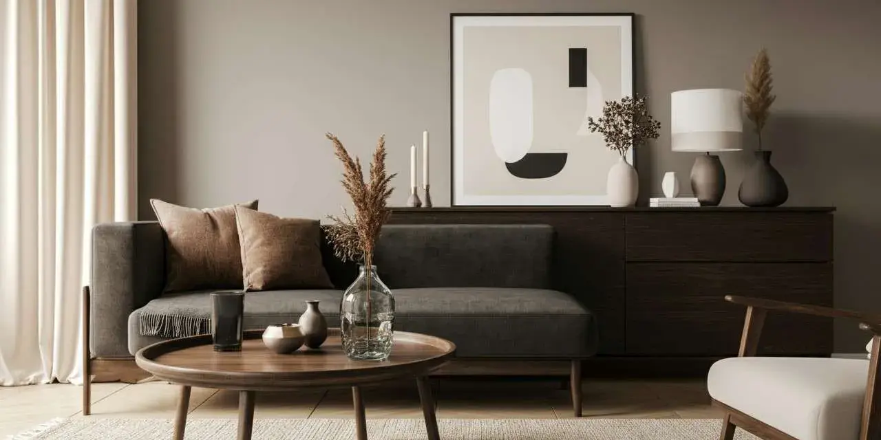 Gemütliches Wohnzimmer, in dem sich braun und grau kombinieren. Ein dunkles Sofa mit Kissen, ein runder Holztisch und ein Teppich schaffen eine warme Atmosphäre.