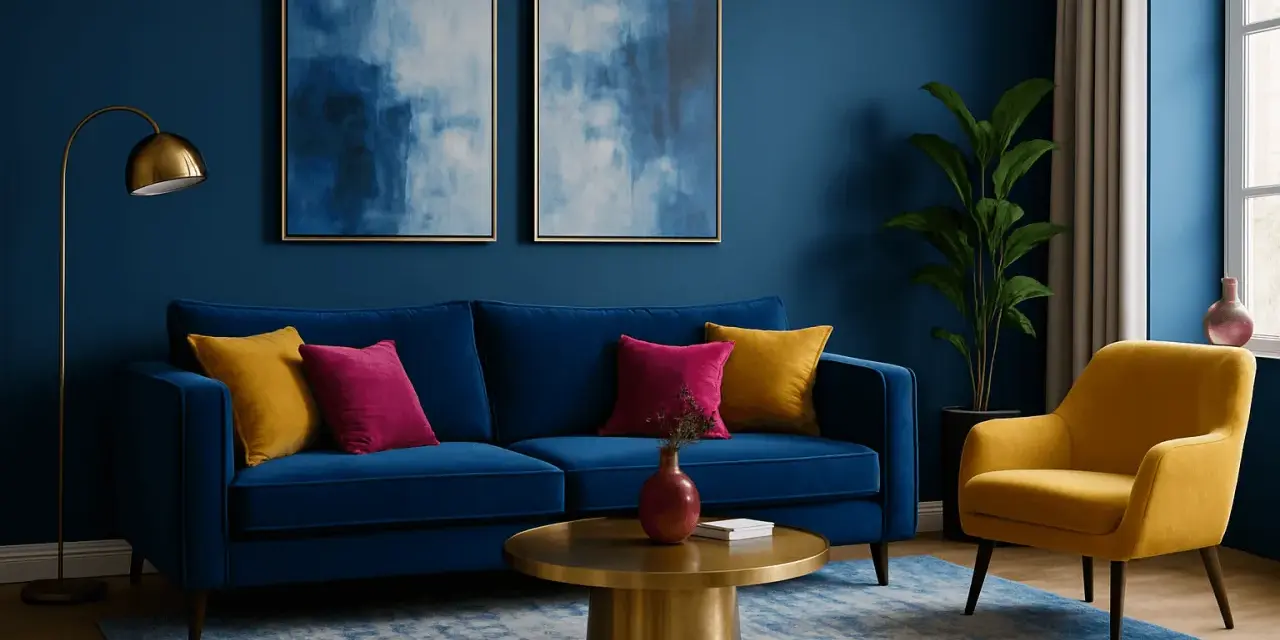 Ein Wohnzimmer mit dunkelblauen Wänden. Ein blauer Samtsofa mit gelben und pinken Kissen. Ein gelber Sessel. Welche Farbe passt zu dunkelblau? Gelb und Pink!