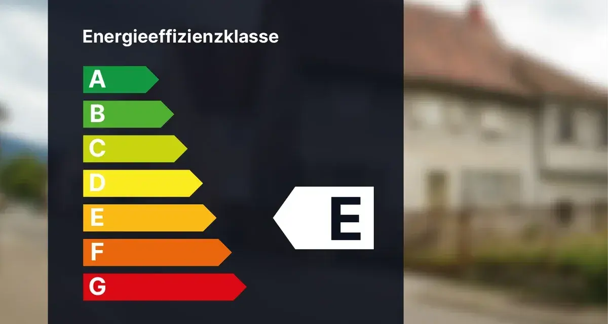 Energieeffizienzklasse E. Das Diagramm zeigt die Energieeffizienz von Gebäuden, von A (grün, sehr effizient) bis G (rot, wenig effizient).