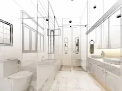 Moderne Waschraum Ideen: ein Entwurf mit Toilette, Badewanne, Doppelwaschbecken und viel Stauraum.