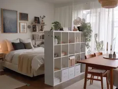 Gemütliche 1 Zimmer Wohnung einrichten 30qm: Bett, Regal als Raumteiler, Esstisch mit Stühlen und Pflanzen.