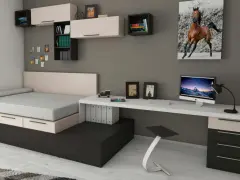 Modernes studentenzimmer einrichten: Bett mit Stauraum, Schreibtisch mit Computer und ein Bild eines galoppierenden Pferdes.