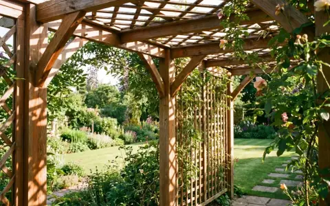 Holzpergola mit Kletterrosen und Glyzinien, die den Garten umrahmen. Die Pergola Bedeutung als romantischer Rückzugsort im Grünen.