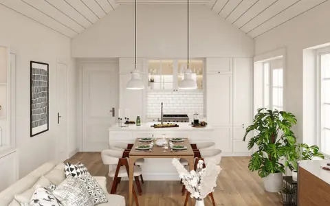 Gemütliches tiny house interior mit Essbereich, Küche und Wohnzimmer. Helle Farben, Holzfußboden und Pflanzen schaffen eine einladende Atmosphäre.