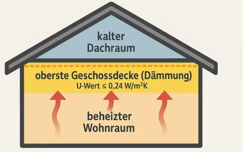 Schema eines Kaltdach-Aufbaus: Warme Luft steigt aus dem beheizten Wohnraum zur gedämmten obersten Geschossdecke auf und gelangt in den kalten Dachraum.