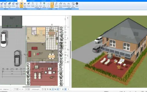 Grundriss eines kleinen Hauses mit 2 Etagen, Garage und Garten. Der Grundriss zeigt Räume, Möbel und Autos.
