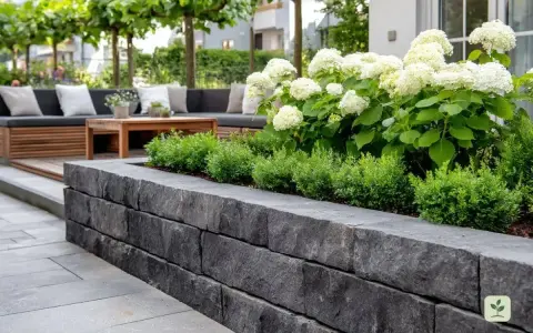 Moderne Terrasse mit Steinmauer und einem üppigen Beet. Ein gemütliches Lounge-Set lädt zum Entspannen ein.