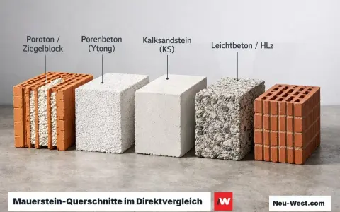 Vergleich verschiedener Mauerwerk Steine Arten: Poroton, Porenbeton, Kalksandstein und Leichtbeton.