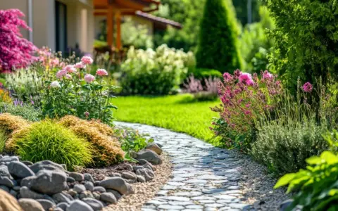 Ein geschwungener Steinweg führt durch einen blühenden Garten. Perfekt, um Ideen für das **Garten umgestalten** zu sammeln.