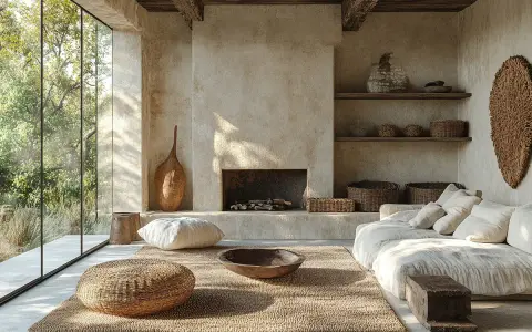 Gemütliches Wohnzimmer im **wabi sabi stil** mit Kamin, großem Fenster und natürlichen Materialien.