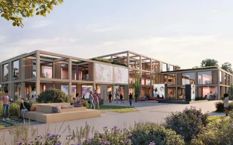 Moderne Holzarchitektur mit begrünten Dächern, die das cradle to cradle Prinzip verkörpert. Menschen entspannen und interagieren im Außenbereich.