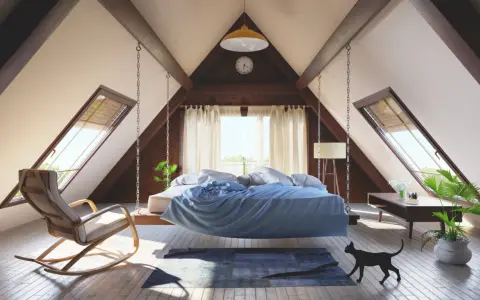 Schlafzimmer im Dachgeschoss: Hängendes Bett, Schaukelstuhl und Fenster. Tolle Ideen für niedrigen Dachboden ausbauen!
