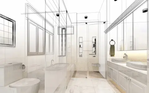 Moderne Waschraum Ideen: ein Entwurf mit Toilette, Badewanne, Doppelwaschbecken und viel Stauraum.