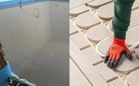 Links: frisch gegossener Estrich. Rechts: Verlegung von Heizungsrohren in einem Trockenestrich-System.