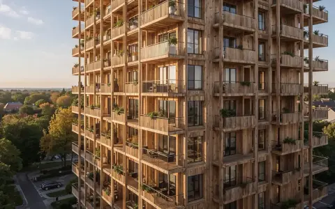 Ein Hochhaus aus Holz, das **nachhaltige Architektur** verkörpert. Viele Balkone mit Pflanzen schmücken die Fassade.