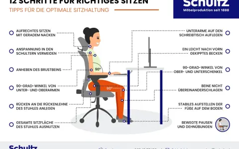 Illustration zeigt ergonomie design für richtiges Sitzen: aufrechte Haltung, 90-Grad-Winkel, Füße auf dem Boden.