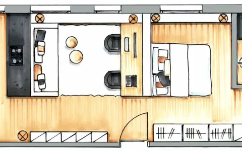 Grundriss einer kleinen Wohnung: Küche, Wohnbereich mit Sitzgelegenheiten, Schlafbereich mit Bett und ein Badezimmer.