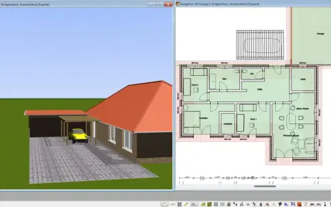 Ein Bungalow ist ein ebenerdiges Haus. Dieses Bild zeigt einen 3D-Entwurf und einen Grundriss eines Bungalows mit Garage.