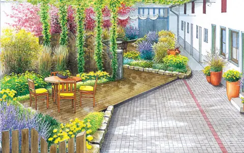 Ein idyllischer Innenhof mit Holzdeck, Sitzgruppe und üppiger Bepflanzung. Tolle Ideen zur Gestaltung eines Innenhofs mit bunten Blumen und Gräsern.
