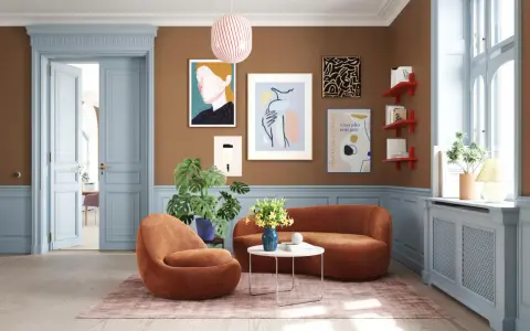 Ein Wohnzimmer mit braunen Wänden, hellblauen Türen und Akzenten. Welche Farbe passt zu Beige und Braun? Hier: Orange Möbel und ein rosa Teppich.
