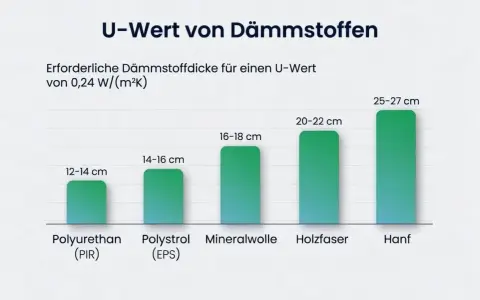 Balkendiagramm zeigt, wie dick Dämmstoffe für einen U-Wert von 0,24 W/(m²K) sein müssen: Hanf am dicksten (25-27 cm), Polyurethan am dünnsten (12-14 cm).