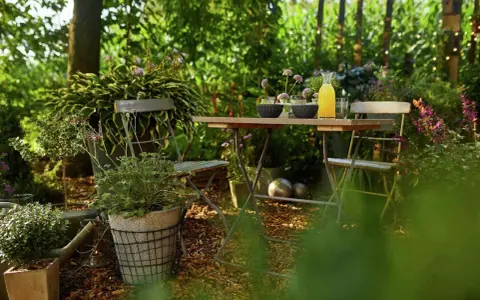 Gemütliche Gartenecke mit Tisch und Stühlen, umgeben von üppigem Grün. Rindenmulch garten ideen für eine natürliche Atmosphäre.