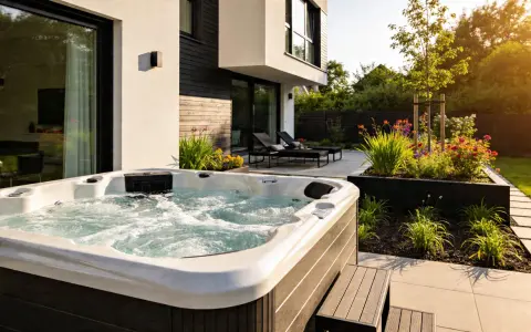 Ein sprudelndes **Jacuzzi** im Garten, umgeben von Blumen und moderner Architektur. Entspannung pur nach einem langen Tag.