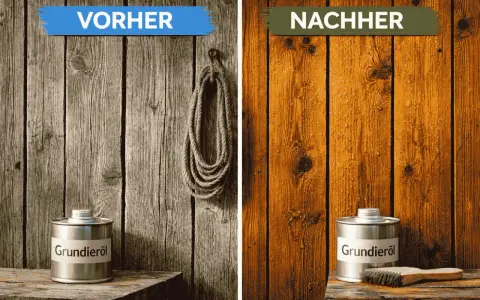 Vorher/Nachher: Graues Holz wird mit Grundieröl zu warmem Braun. Wandfarbe auf Holz schützt und verschönert.