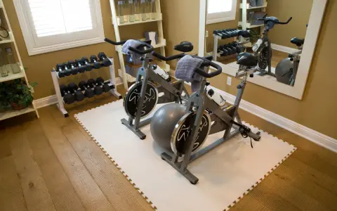 Zwei Heimtrainer, Hanteln und ein Gymnastikball – tolle home gym ideen für dein Workout zu Hause.