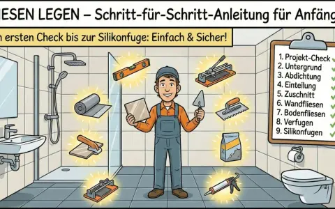 Anleitung zum Fliesenlegen: Ein Mann im Badezimmer hält eine Fliese. Werkzeuge wie Fliesenleger, Wasserwaage und Silikonpistole sind zu sehen. So werden die Fliesen begehbar.