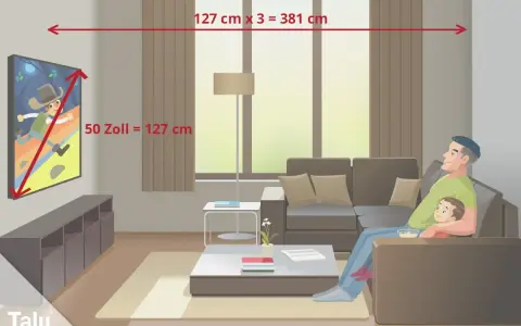 Ein Vater mit seinem Sohn genießt den neuen Fernseher im Raum. Die Maße des Fernsehers werden angezeigt.