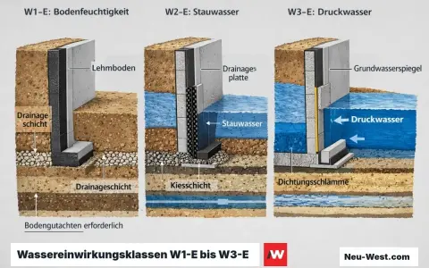 Drei Szenarien zeigen, wie Beton mit Feuchtigkeit, Stauwasser und Druckwasser umgeht. Beton ist wasserdicht, aber die Abdichtung ist entscheidend.