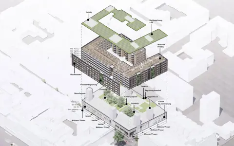 Explosionszeichnung eines modularen Holzbaus mit Wohnungen, Handel und Technik. Ein Kreislauf-Konzept, das Cradle to Cradle-Prinzipien widerspiegelt.