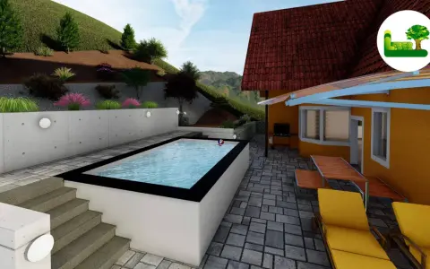 Moderne Pool am Hang Ideen: Rechteckiger Pool mit Sonnendeck, Grill und Liegestühlen vor einem Haus mit Ziegeldach.